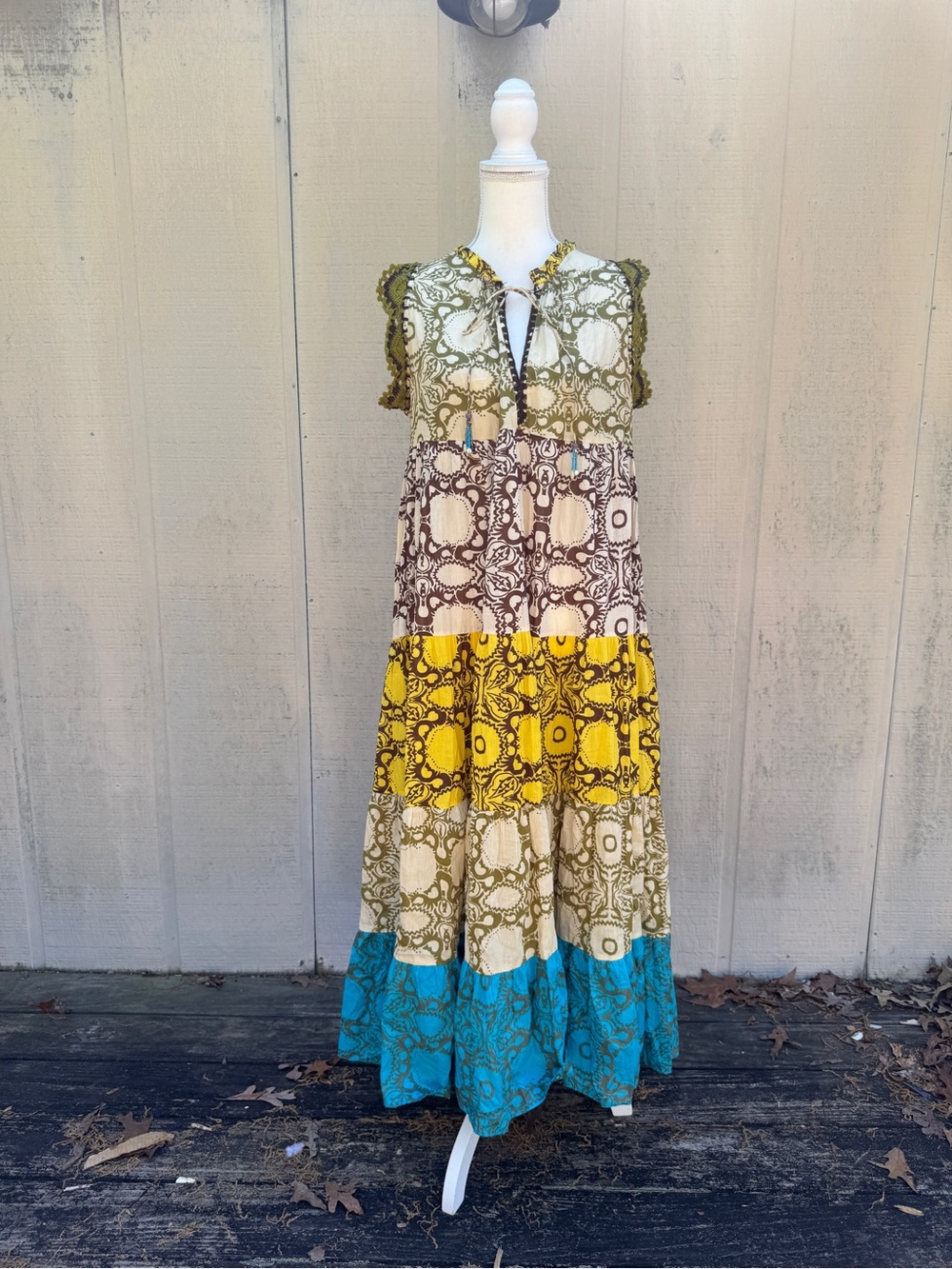 Zara Block Print Tiered Maxi Dress in Olive, Yellow, Turquoise, Cream